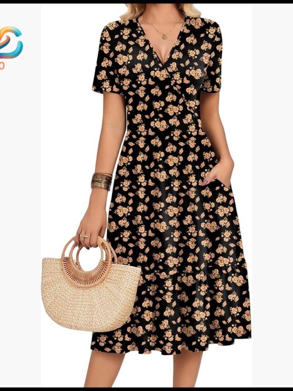 Summer Casual Midi Dress with Pockets, V-Neck Wrap, Tiered Flowy A-Line